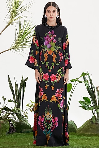 Black Dull Satin Bead Embroidered Kaftan by SIDDHARTHA BANSAL