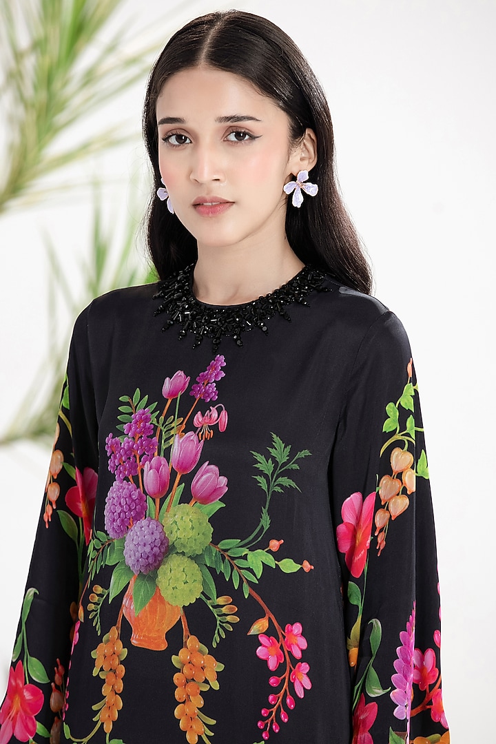 Black Dull Satin Bead Embroidered Kaftan by SIDDHARTHA BANSAL at Pernia's Pop Up Shop