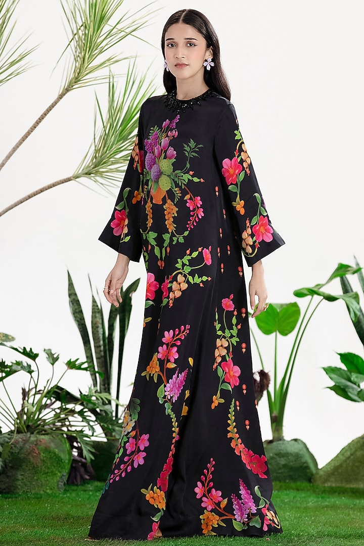 Black Dull Satin Bead Embroidered Kaftan by SIDDHARTHA BANSAL at Pernia's Pop Up Shop
