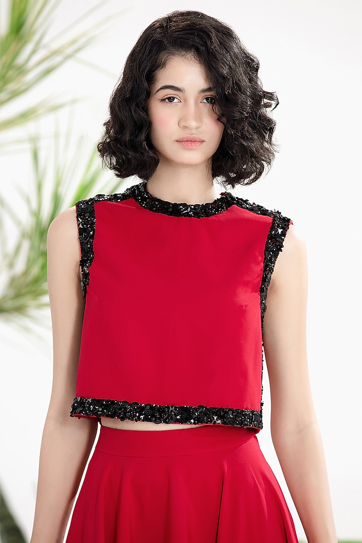 Red Banana Crepe Embroidered Skirt Set by SIDDHARTHA BANSAL at Pernia's Pop Up Shop