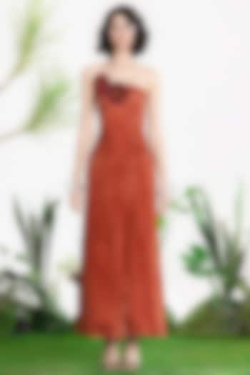 Rust Denim Twill Floral Embroidered Cocktail Dress by SIDDHARTHA BANSAL at Pernia's Pop Up Shop