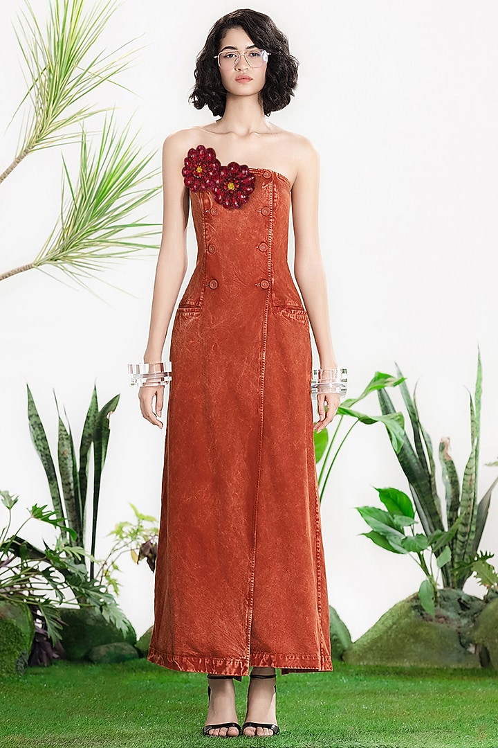 Rust Denim Twill Floral Embroidered Cocktail Dress by SIDDHARTHA BANSAL at Pernia's Pop Up Shop