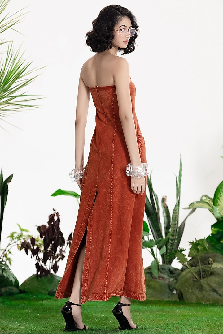 Rust Denim Twill Floral Embroidered Cocktail Dress by SIDDHARTHA BANSAL at Pernia's Pop Up Shop