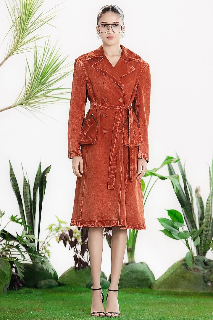 Rust Denim Twill Trench Coat by SIDDHARTHA BANSAL at Pernia's Pop Up Shop