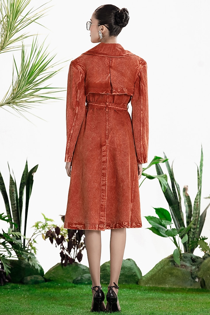 Rust Denim Twill Trench Coat by SIDDHARTHA BANSAL at Pernia's Pop Up Shop
