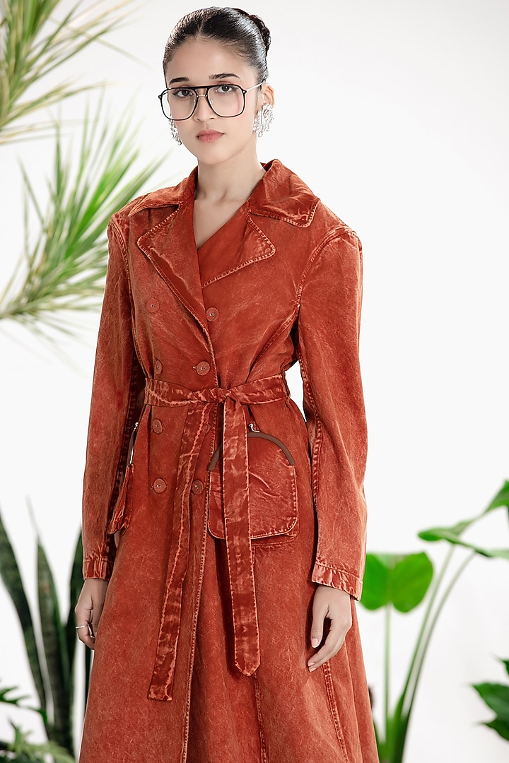 Rust Denim Twill Trench Coat by SIDDHARTHA BANSAL at Pernia's Pop Up Shop