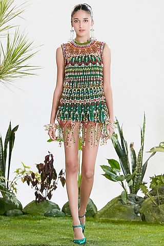 green maxi dress online india Green Floral Printed Short Puff Sleeve Gathered Side Midi Dress main image 0