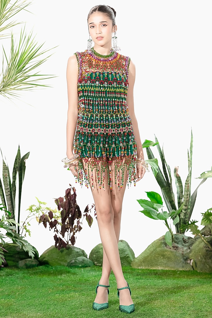 Green Velvet Crystal & Bead Embroidered Tube Party Wear Dress by SIDDHARTHA BANSAL at Pernia's Pop Up Shop