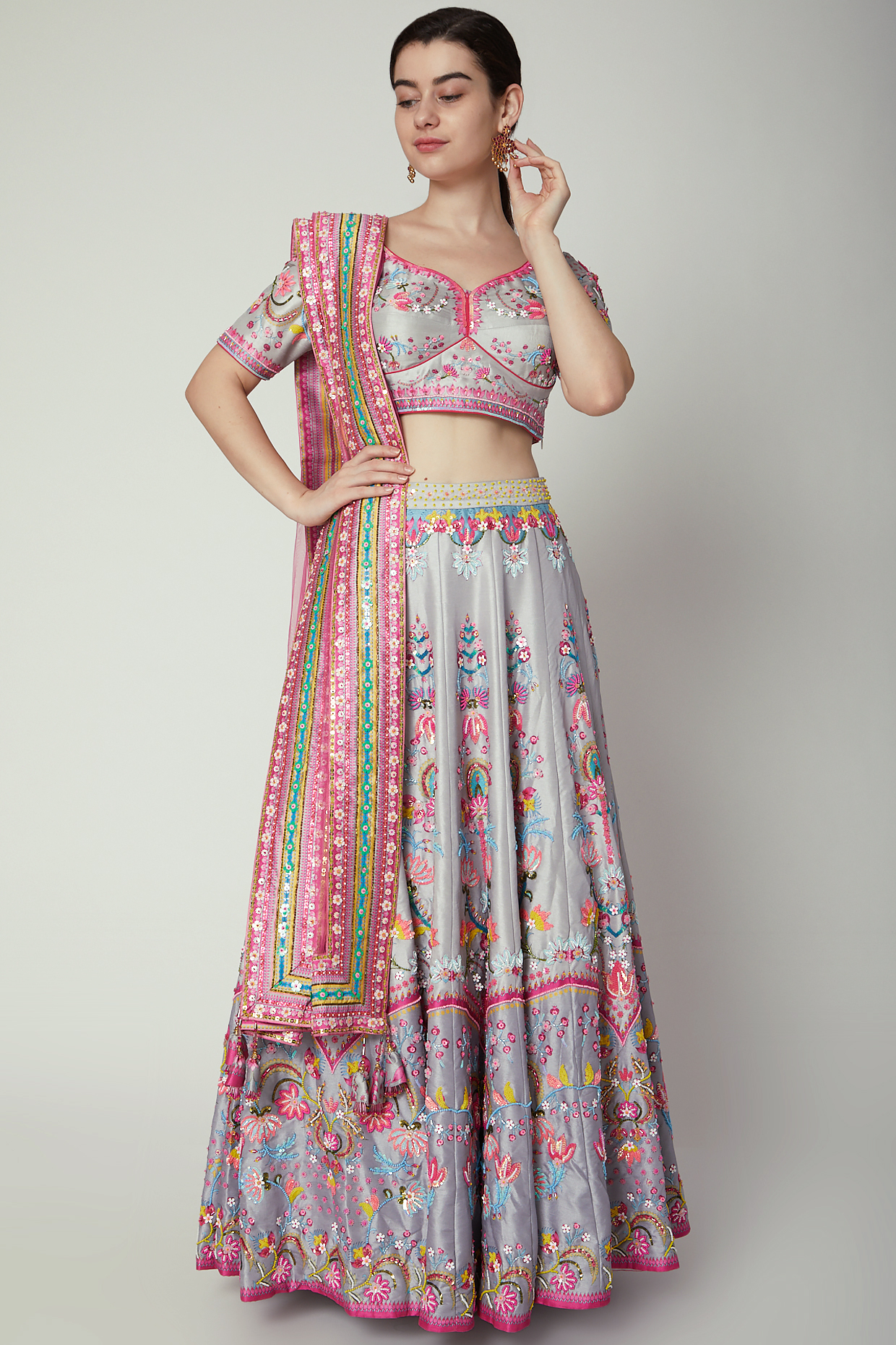 Grey Embroidered & Printed Lehenga Set by SIDDHARTHA BANSAL