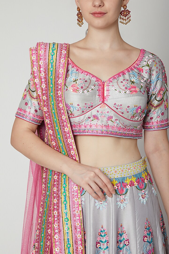 Grey Embroidered & Printed Wedding Lehenga Set by SIDDHARTHA BANSAL at Pernia's Pop Up Shop