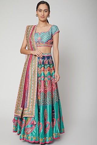 Mint Blue Embroidered & Printed Lehenga Set by SIDDHARTHA BANSAL