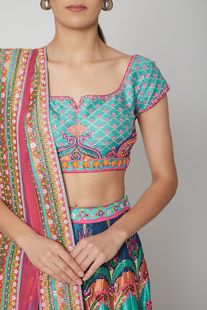 Mint Blue Embroidered & Printed Wedding Lehenga Set by SIDDHARTHA BANSAL at Pernia's Pop Up Shop