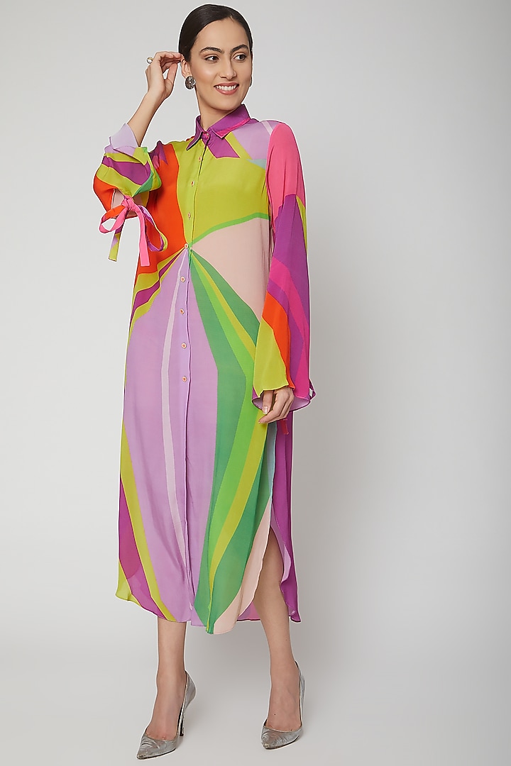 Multi Colored Digital Printed Shirt Dress by SIDDHARTHA BANSAL