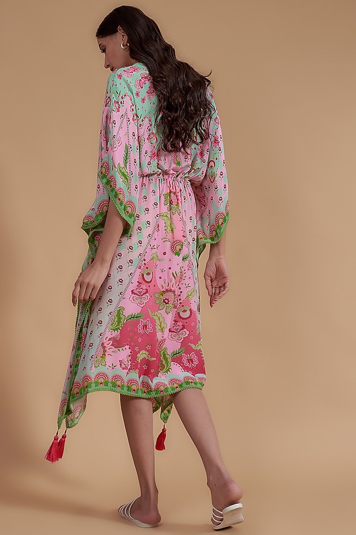 Powder Blue & Pink Pure Crepe Floral Printed Kaftan by SIDDHARTHA BANSAL at Pernia's Pop Up Shop