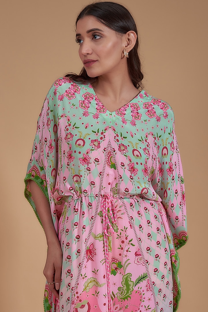 Powder Blue & Pink Pure Crepe Floral Printed Kaftan by SIDDHARTHA BANSAL at Pernia's Pop Up Shop