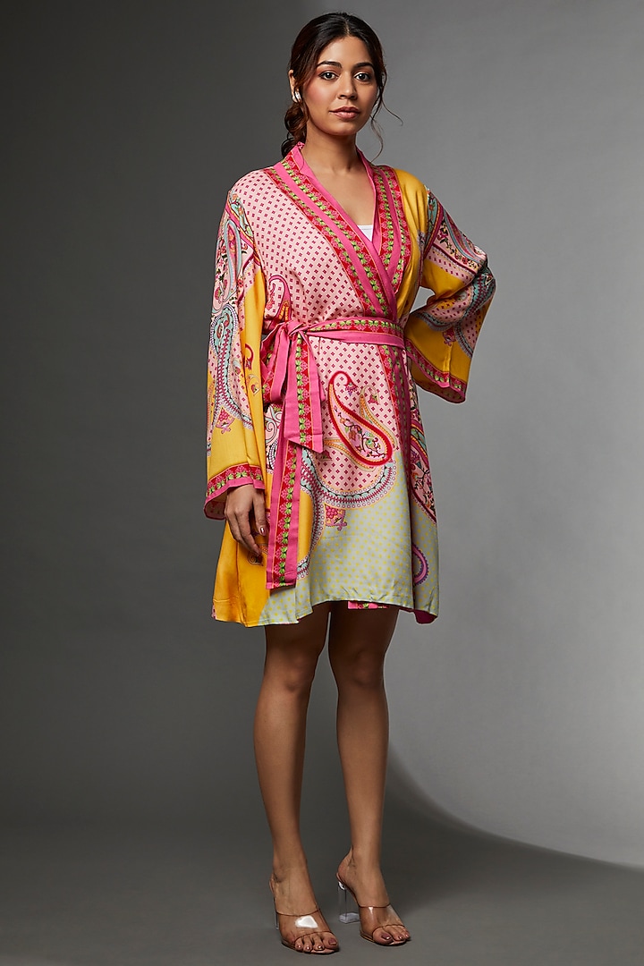 Pink Ryon Twill Digital Printed Wrap Dress by SIDDHARTHA BANSAL