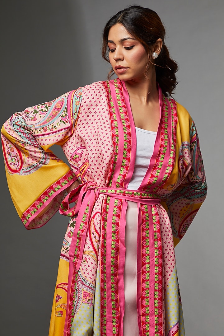 Pink Ryon Twill Digital Printed Wrap Summer Dress by SIDDHARTHA BANSAL at Pernia's Pop Up Shop