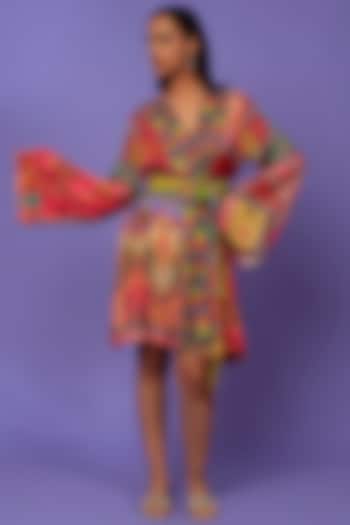 Multi-Colored Digital Printed Wrap Dress by SIDDHARTHA BANSAL