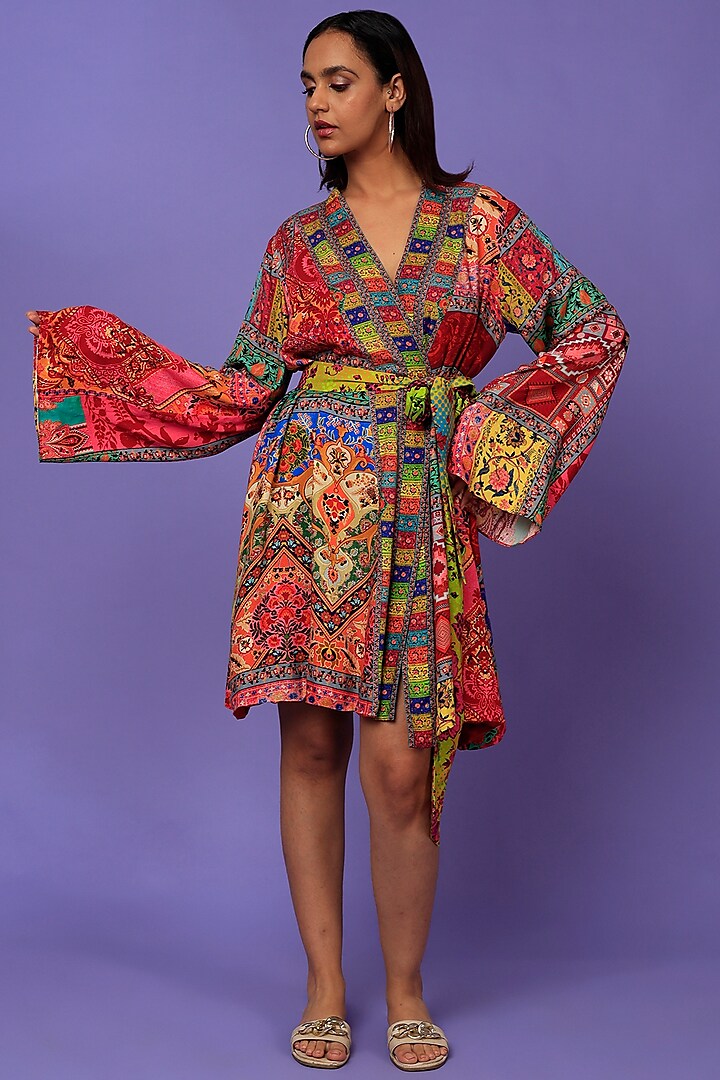 Multi-Colored Digital Printed Wrap Dress by SIDDHARTHA BANSAL
