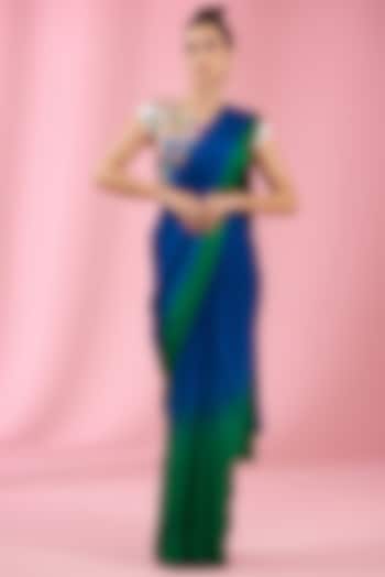 Green & Blue Pure Satin Ombre Saree Set by SIDDHARTHA BANSAL