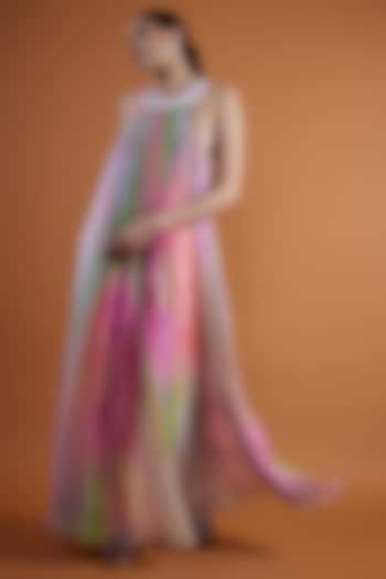 Pink Chiffon Digital Printed & Hand Embroidered Gathered Floral Maxi Dress by SIDDHARTHA BANSAL