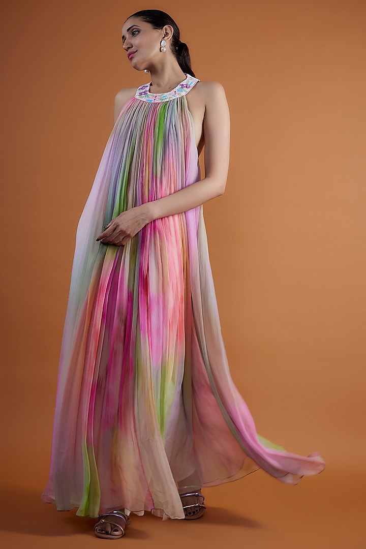 Pink Chiffon Digital Printed & Hand Embroidered Gathered Floral Maxi Dress by SIDDHARTHA BANSAL