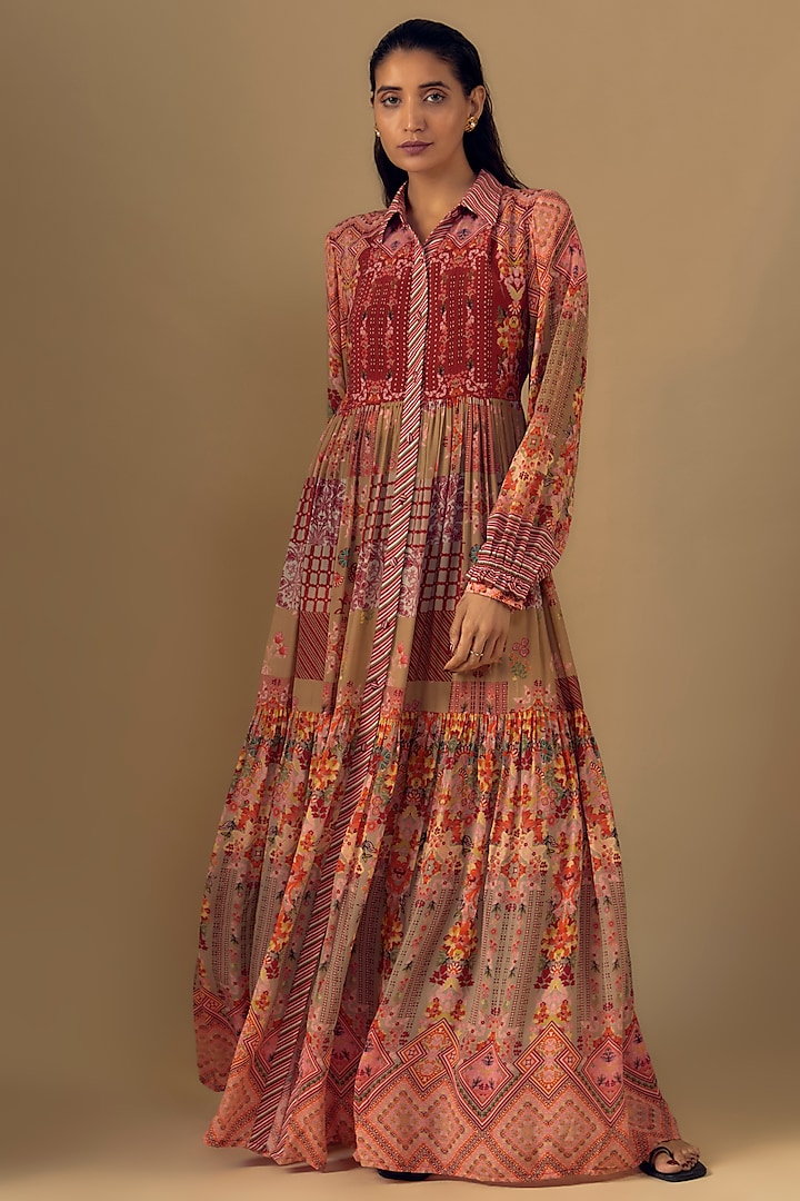 Carmine Red Pure Crepe Floral Printed Tiered Maxi Shirt Dress by SIDDHARTHA BANSAL