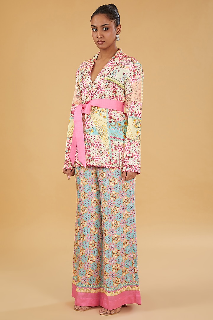 Pink & Yellow Linen Satin Embroidered Jacket Set by SIDDHARTHA BANSAL