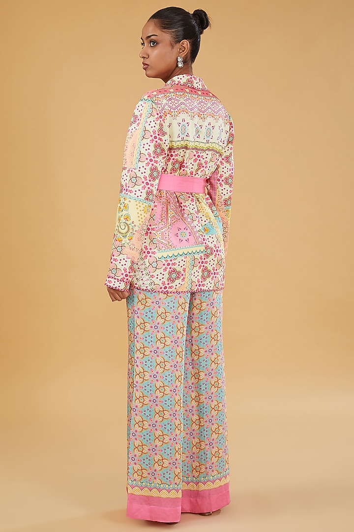 Pink & Yellow Linen Satin Embroidered Jacket Set by SIDDHARTHA BANSAL at Pernia's Pop Up Shop