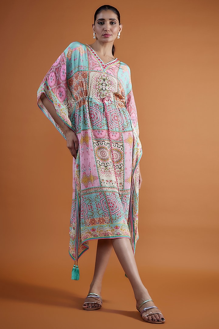 Pink & Blue Pure Crepe Sequins Bead Embroidered Kaftan by SIDDHARTHA BANSAL