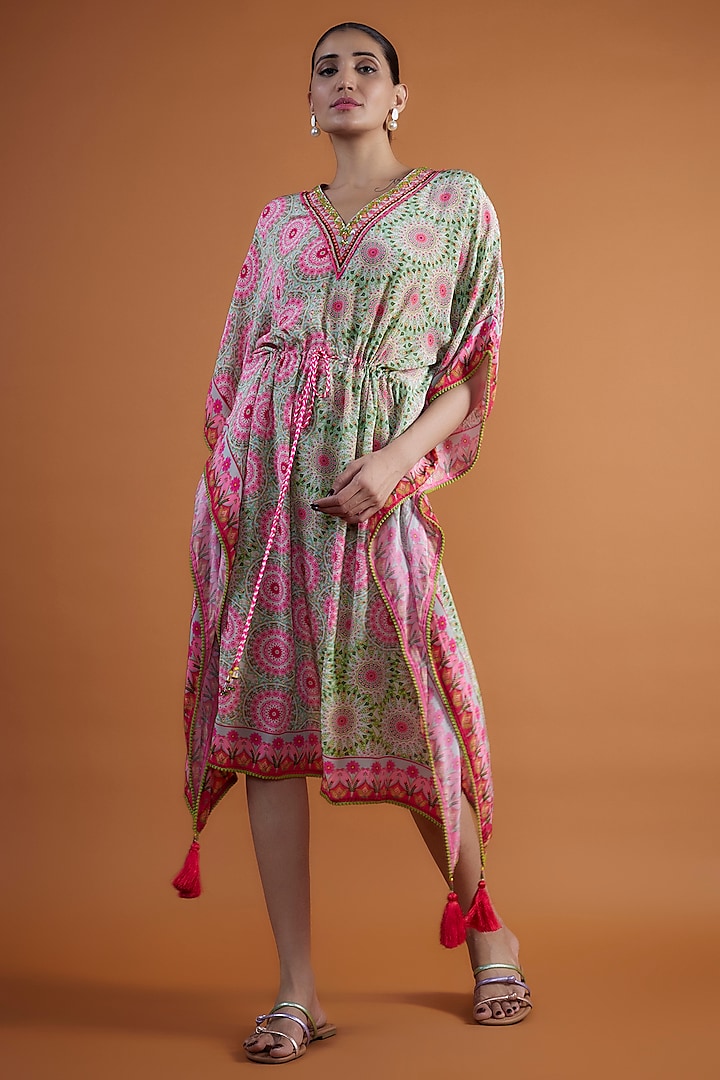 Pink & Green Pure Crepe Sequins Bead Embroidered Kaftan by SIDDHARTHA BANSAL