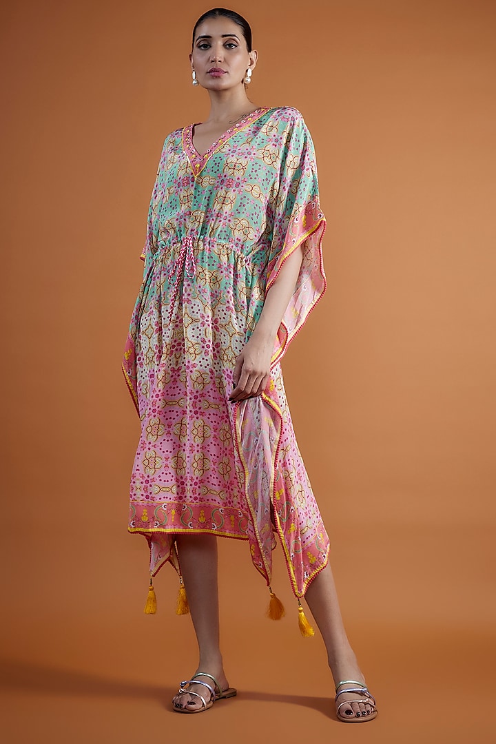 Multi-Colored Pure Crepe Sequins Bead Embroidered Kaftan by SIDDHARTHA BANSAL
