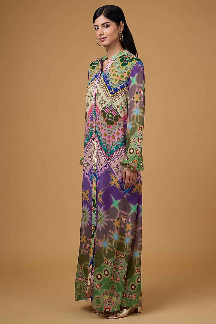 Green & Purple Pure Crepe Geometric Printed Shirt Dress by SIDDHARTHA BANSAL