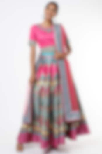 Pink & Blue Digital Printed Wedding Lehenga Set by SIDDHARTHA BANSAL at Pernia's Pop Up Shop