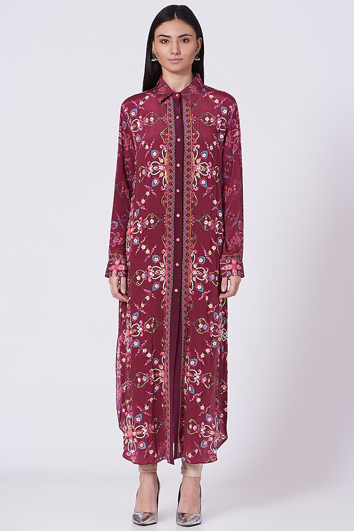 Maroon Sequins Embroidered Tunic by SIDDHARTHA BANSAL