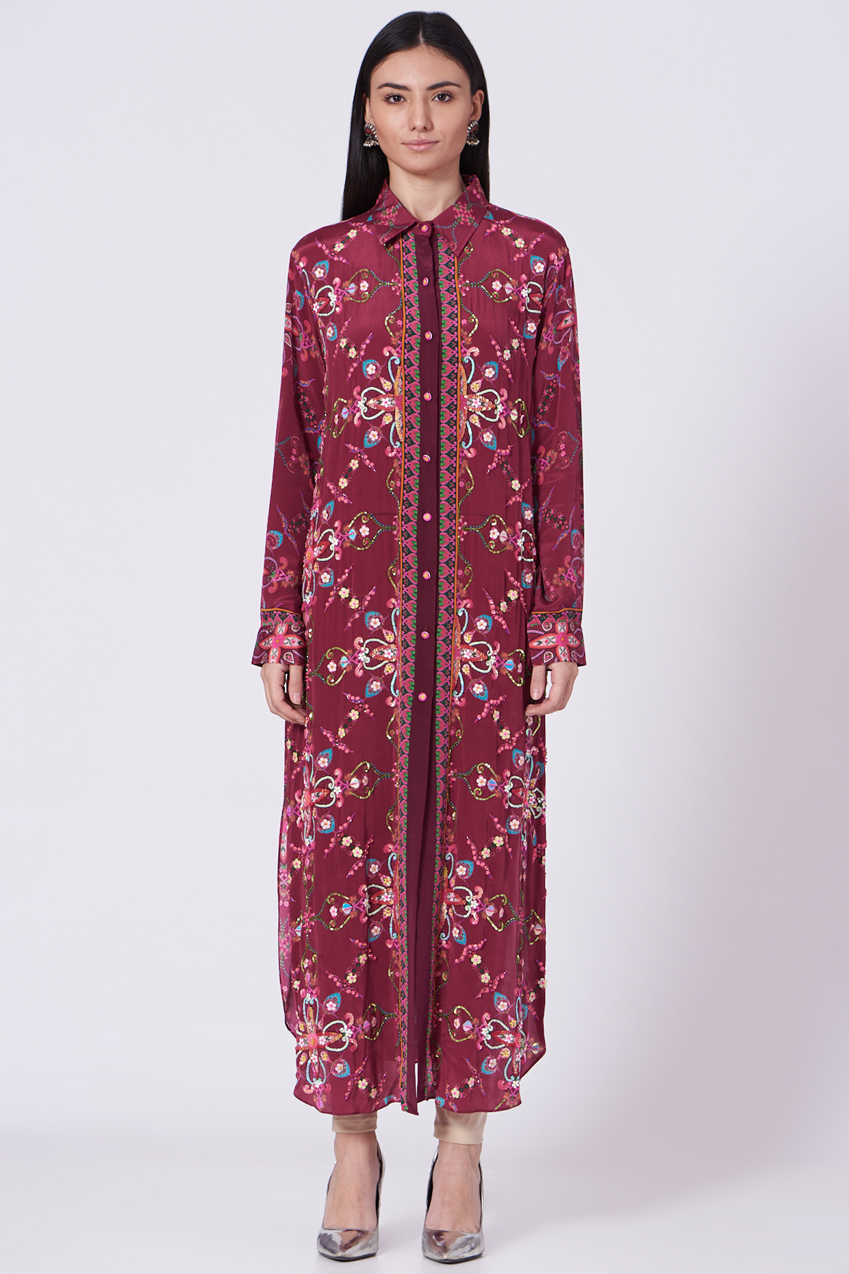 Maroon Sequins Embroidered Tunic by SIDDHARTHA BANSAL