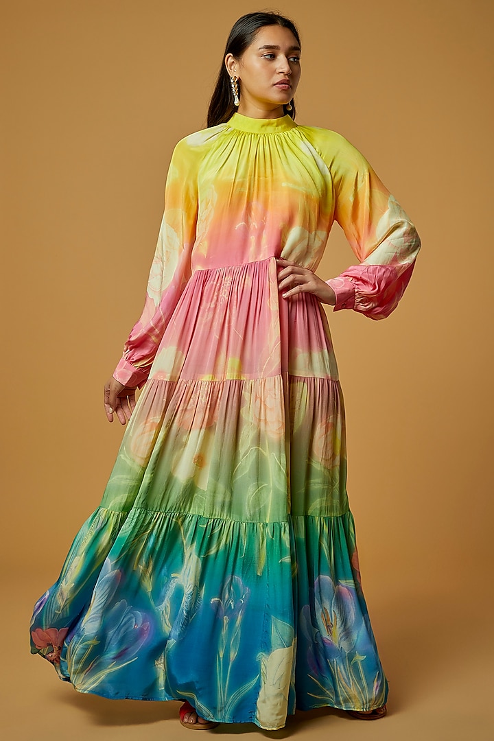 Multi-Color Digital Printed Tiered Dress by SIDDHARTHA BANSAL