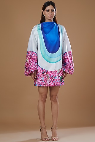 Blue Silk Taffeta Digital Printed Dress by SIDDHARTHA BANSAL