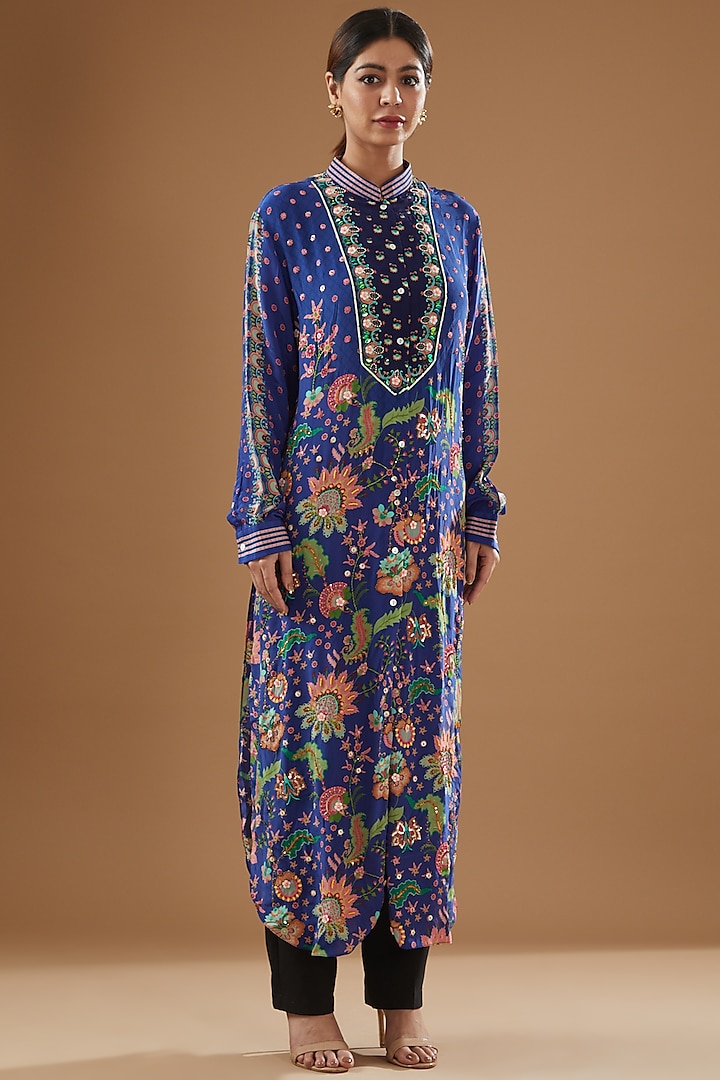 Deep Blue Pure Crepe Printed Tunic by SIDDHARTHA BANSAL