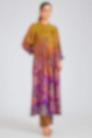 Olive & Purple Modal Muslin Cotton Threadwork & Printed Ombre Kurta Set by SIDDHARTHA BANSAL at Pernia's Pop Up Shop