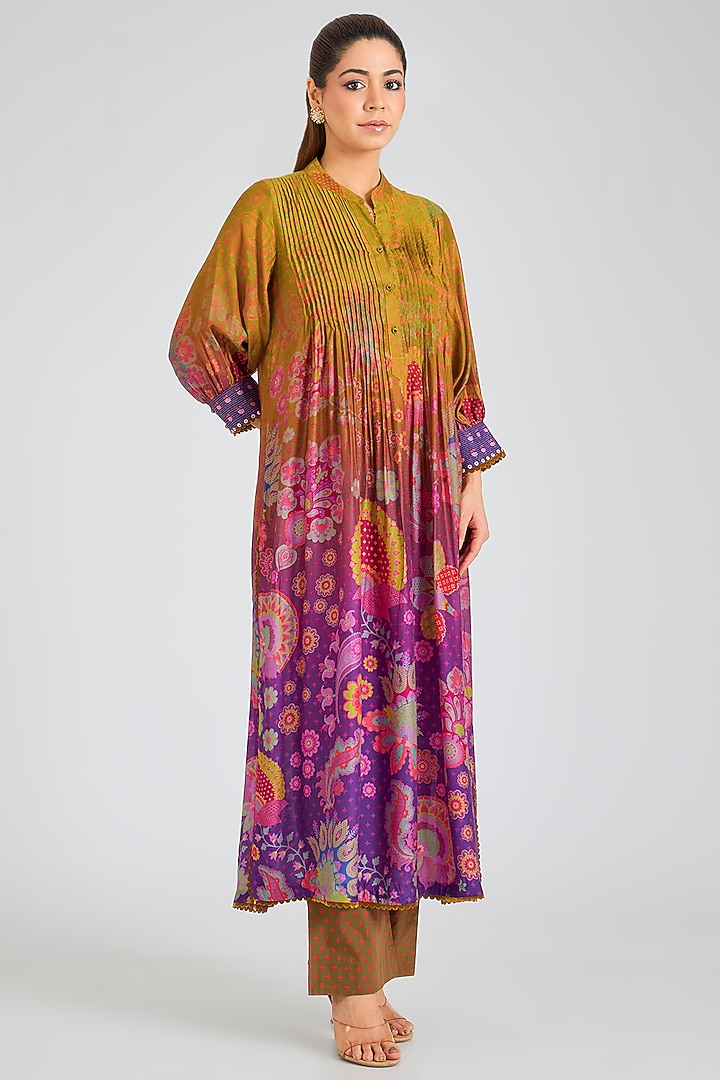 Olive & Purple Modal Muslin Cotton Threadwork & Printed Ombre Kurta Set by SIDDHARTHA BANSAL at Pernia's Pop Up Shop