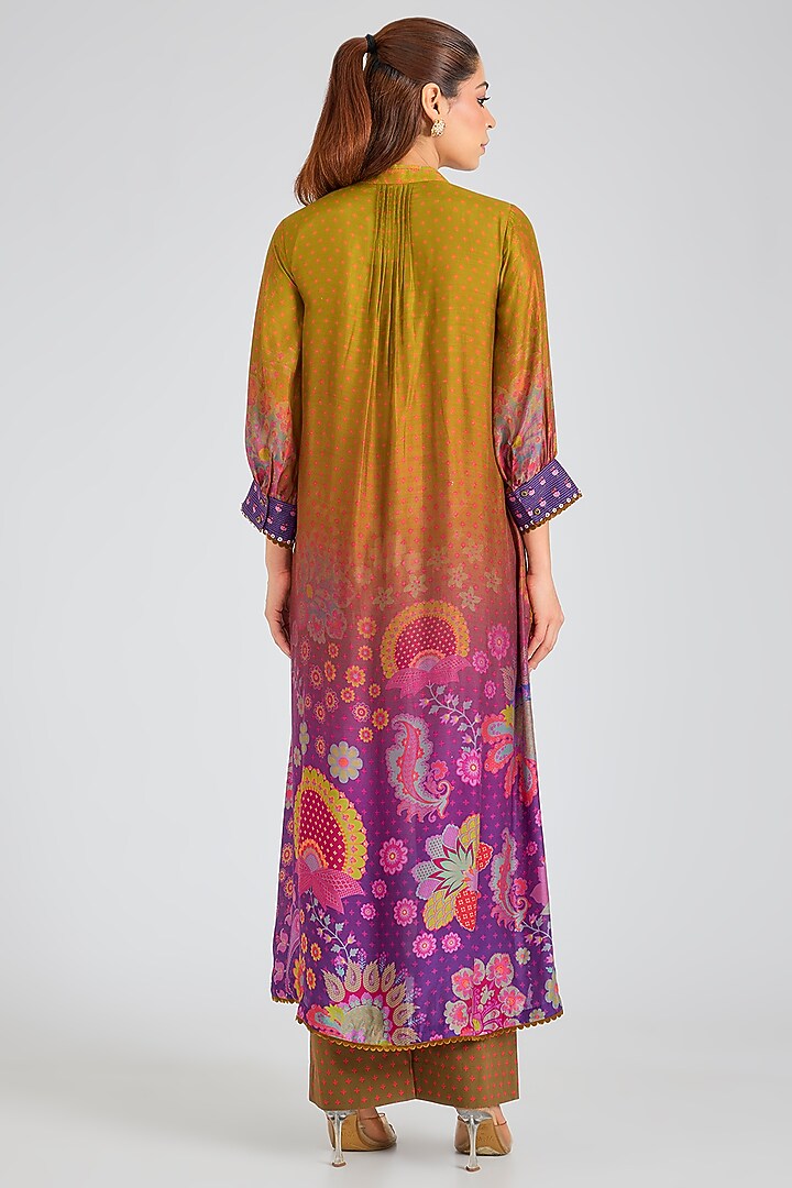 Olive & Purple Modal Muslin Cotton Threadwork & Printed Ombre Kurta Set by SIDDHARTHA BANSAL at Pernia's Pop Up Shop