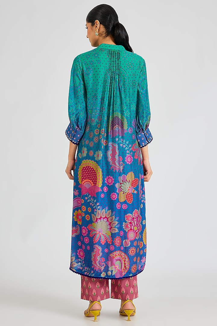 Green & Blue Modal Muslin Cotton Threadwork & Printed Ombre Kurta Set by SIDDHARTHA BANSAL at Pernia's Pop Up Shop