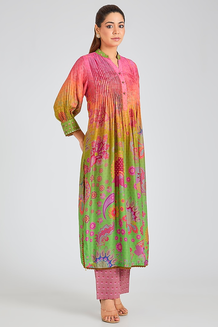 Green & Pink Modal Muslin Cotton Threadwork & Printed Ombre Kurta Set by SIDDHARTHA BANSAL at Pernia's Pop Up Shop