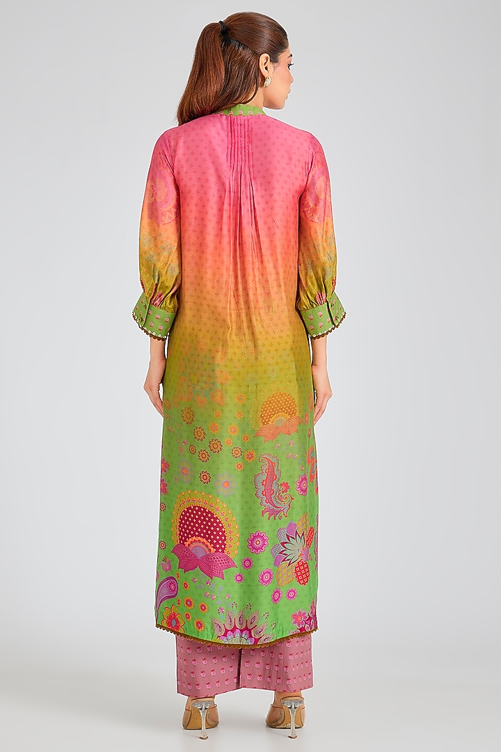 Green & Pink Modal Muslin Cotton Threadwork & Printed Ombre Kurta Set by SIDDHARTHA BANSAL at Pernia's Pop Up Shop