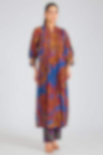 Blue & Brown Modal Muslin Cotton Threadwork & Printed Ombre Kurta Set by SIDDHARTHA BANSAL at Pernia's Pop Up Shop