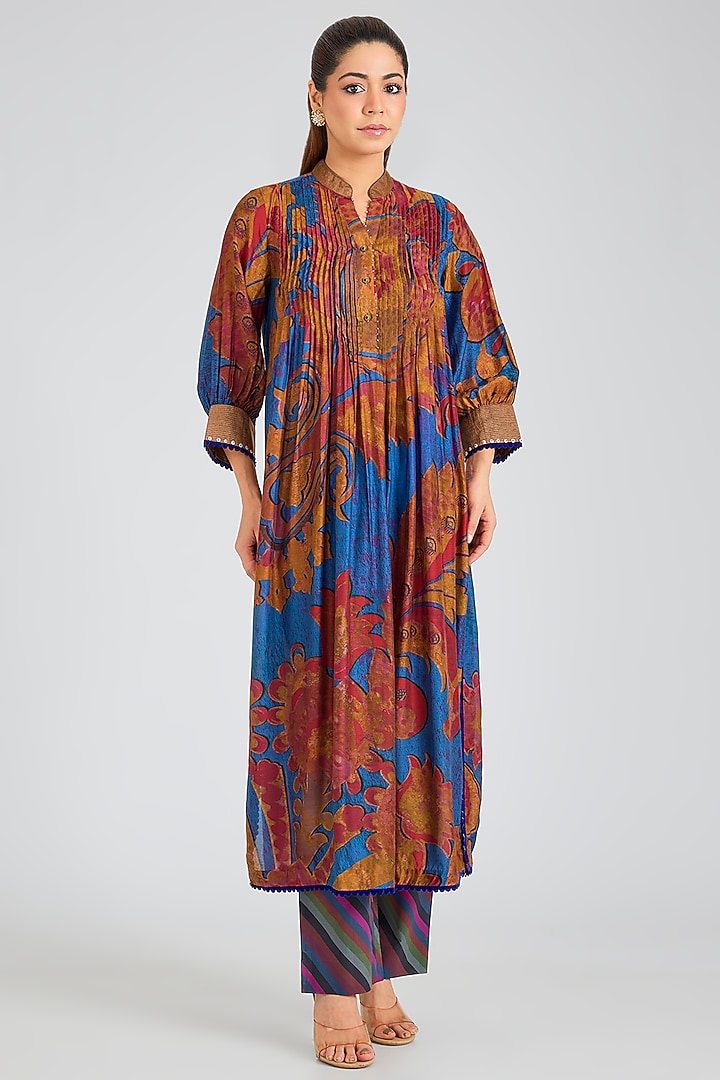 Blue & Brown Modal Muslin Cotton Threadwork & Printed Ombre Kurta Set by SIDDHARTHA BANSAL at Pernia's Pop Up Shop