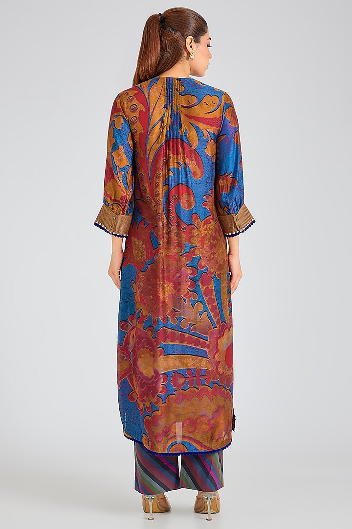 Blue & Brown Modal Muslin Cotton Threadwork & Printed Ombre Kurta Set by SIDDHARTHA BANSAL at Pernia's Pop Up Shop