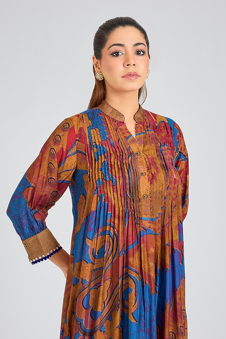 Blue & Brown Modal Muslin Cotton Threadwork & Printed Ombre Kurta Set by SIDDHARTHA BANSAL at Pernia's Pop Up Shop