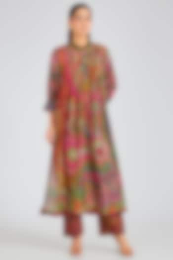 Green & Brown Threadwork & Printed Kurta Set by SIDDHARTHA BANSAL at Pernia's Pop Up Shop